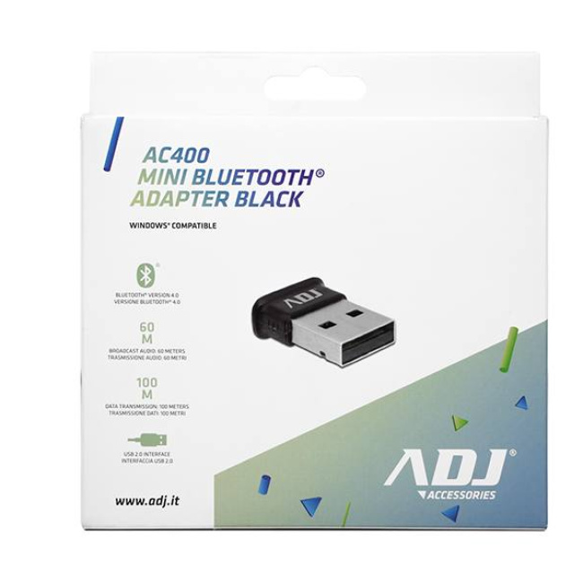 Mini Bluetooth® Adapter ADJ V4.0 AC400 - Mini Adattatore Chiavetta USB - Trasmissione audio: 60 Metri - Trasmissione dati: 100 Metri -